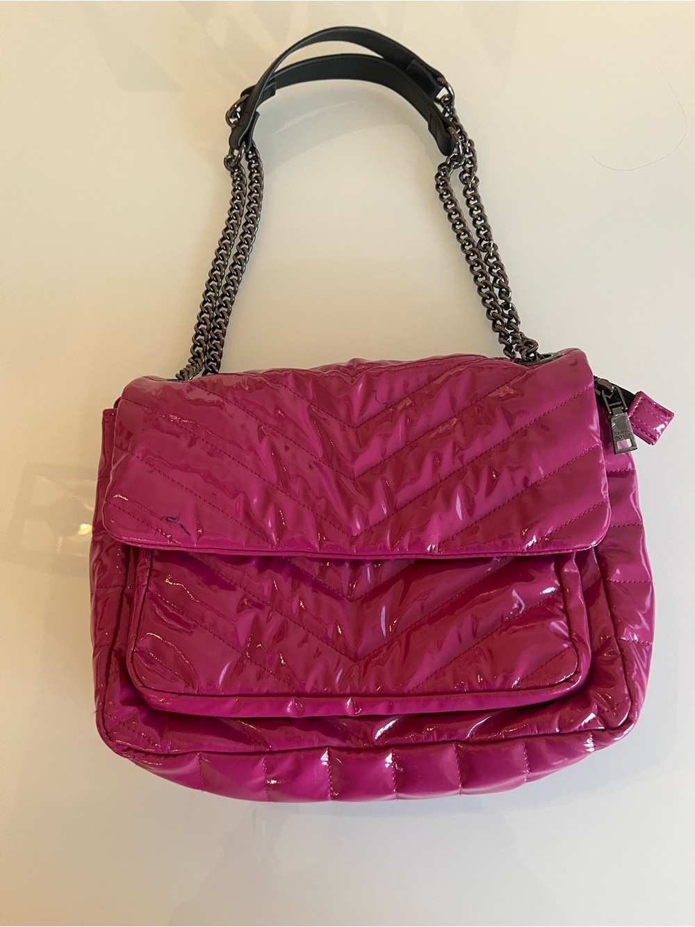 THINK ROYLN Quilted Patent Shoulder Bag in Fuchsia with Chain Straps